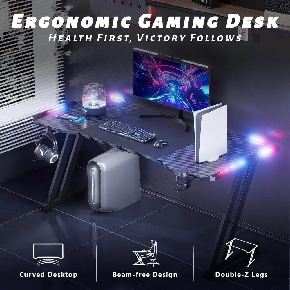 Gaming Desk com Luzes LED, Superfície De Fibra De Carbono, Grande Mesa Do Computador, Ergonômico, Casa, Mesas De Escritório