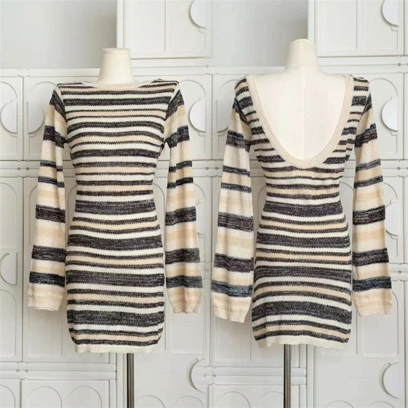 

Sexy Gyaru Fashion Slim Corset Dress Women O-Neck Backless Design Frocks Autumn 2024 American Style Classical Striped One-Piece
