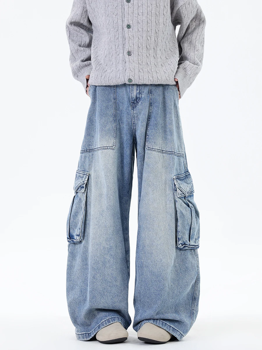 

Мужские джинсы прямого кроя для работы, осенние, модные, брендовые, в уличном стиле, широкие брюки, крутые, с деталями Haomeket