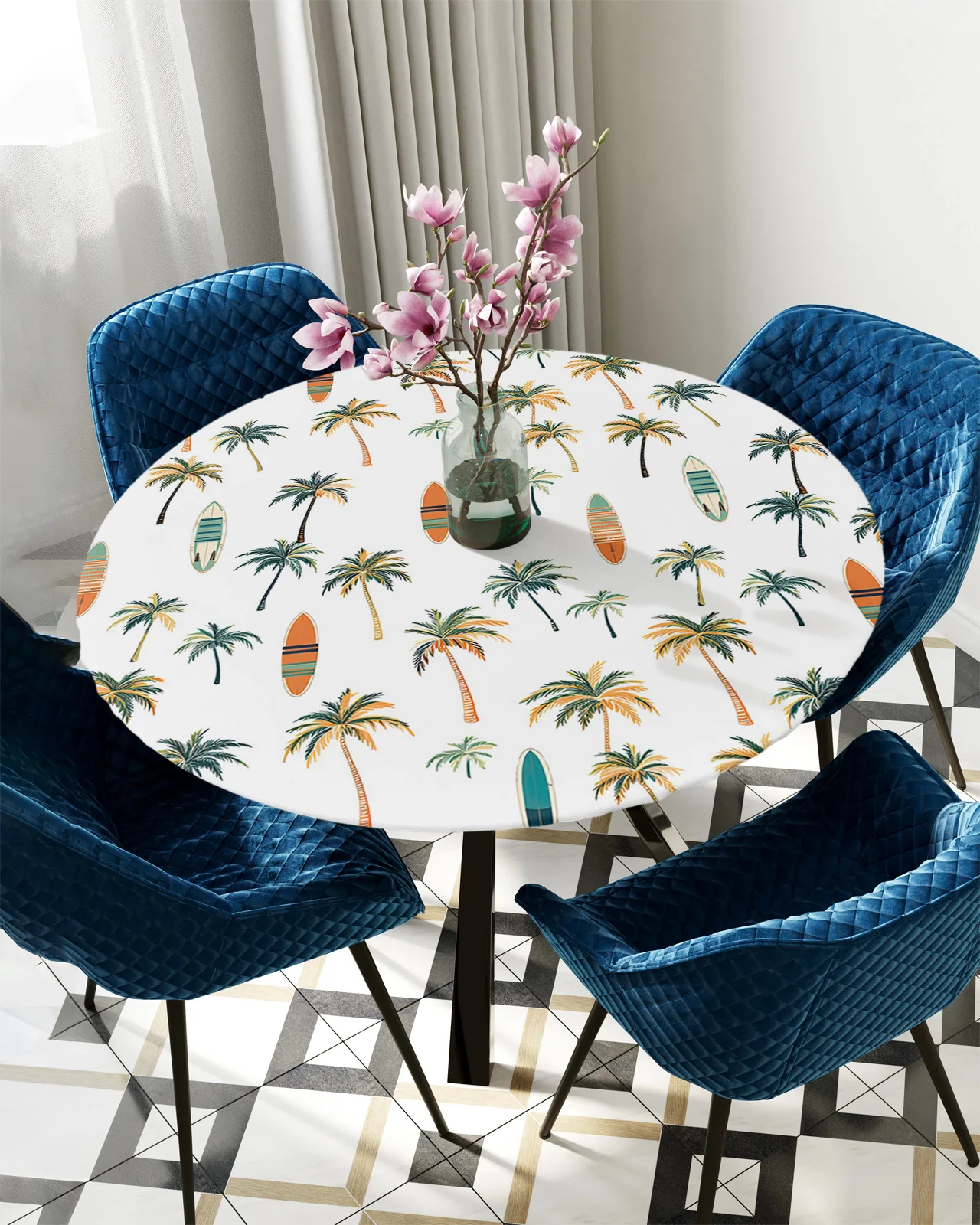 Palm Trees Surfboards Leaves Round Elastic Edged Table Cover Protector Cloth Waterproof Polyester Rectangle Fitted Tablecloth