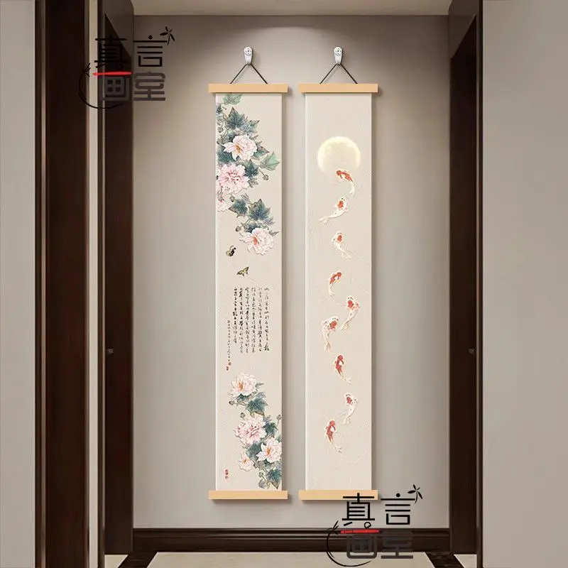 Vintage Ink Peony & Nine Fish Tapestry Wall Hanging, Vertical Scroll Canvas Art for Corridor Living Room Study House Decor