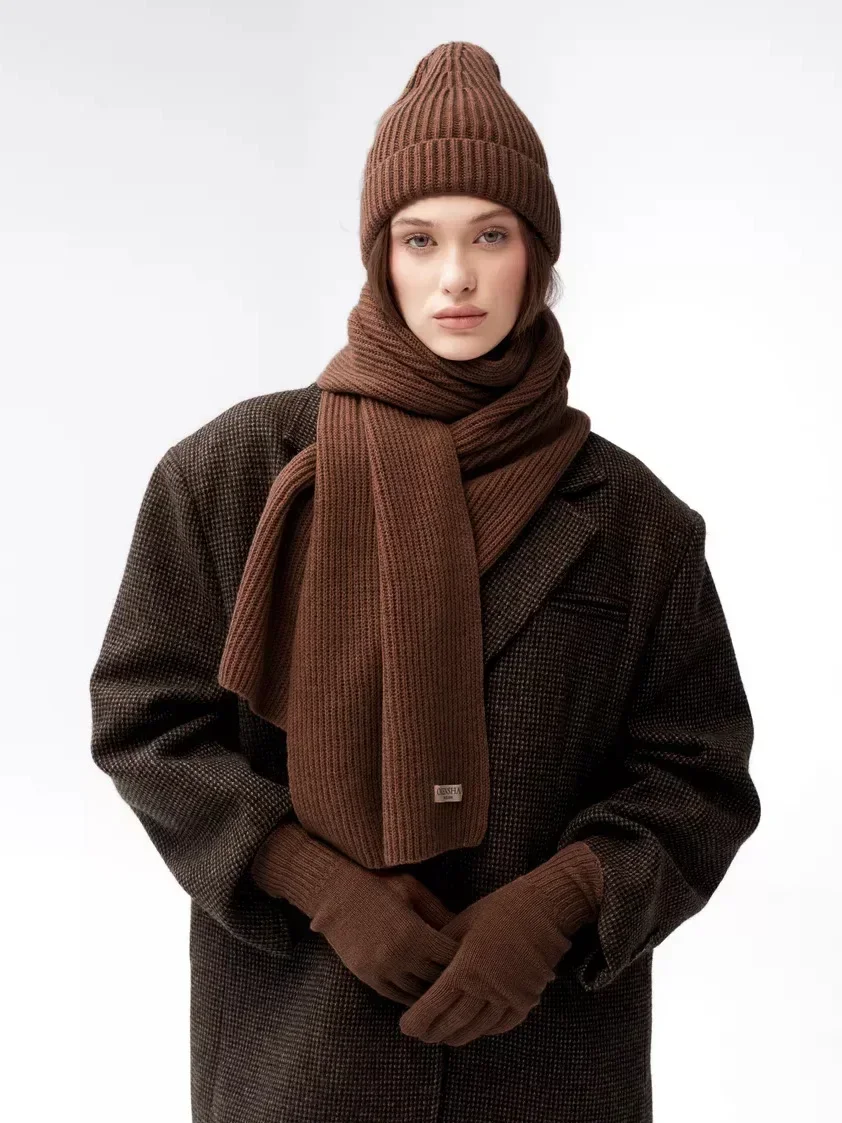 المرأة الخريف الشتاء الدافئة محبوك قبعة الكورية ثلاث قطع مجموعة الأوشحة قفازات قفازات شاشة اللمس بلون المرأة قفازات مجموعات #3