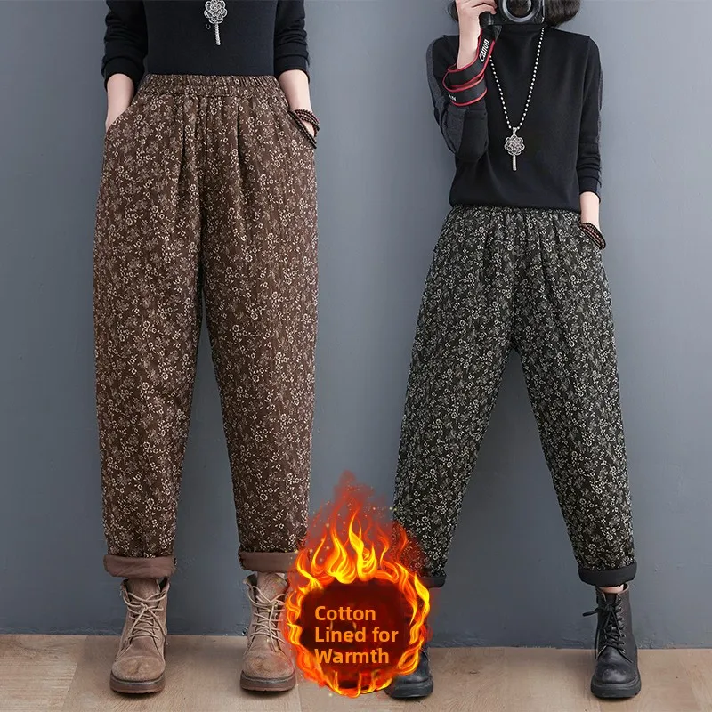 

Большие размеры, женские осенне-зимние новые брюки Харлан в стиле ретро с цветочным принтом, хлопковые длинные брюки с эластичной резинкой на талии, модная верхняя одежда