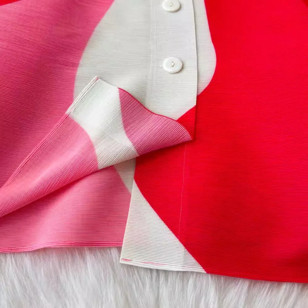 Miyake Pleated Colorblock Short Tops Women's Turn Down Neck High Stretch Korean Fashion Single Breasted Large Size Blouse Shirts