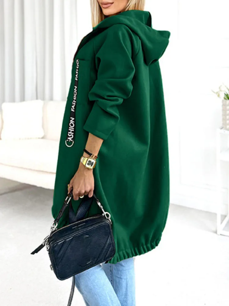 

Осень-зима, новое пальто на молнии с длинными рукавами, женское повседневное пальто с буквенным принтом, верхняя одежда для поездок на работу, модные толстовки, спортивная длинная куртка