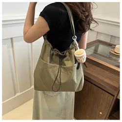 New Large Capacity Shoulder Bag For Women Waterproof Nylon Drawstring Pleated Crossbody Bag Lightweight Minimalist Tote Handbag