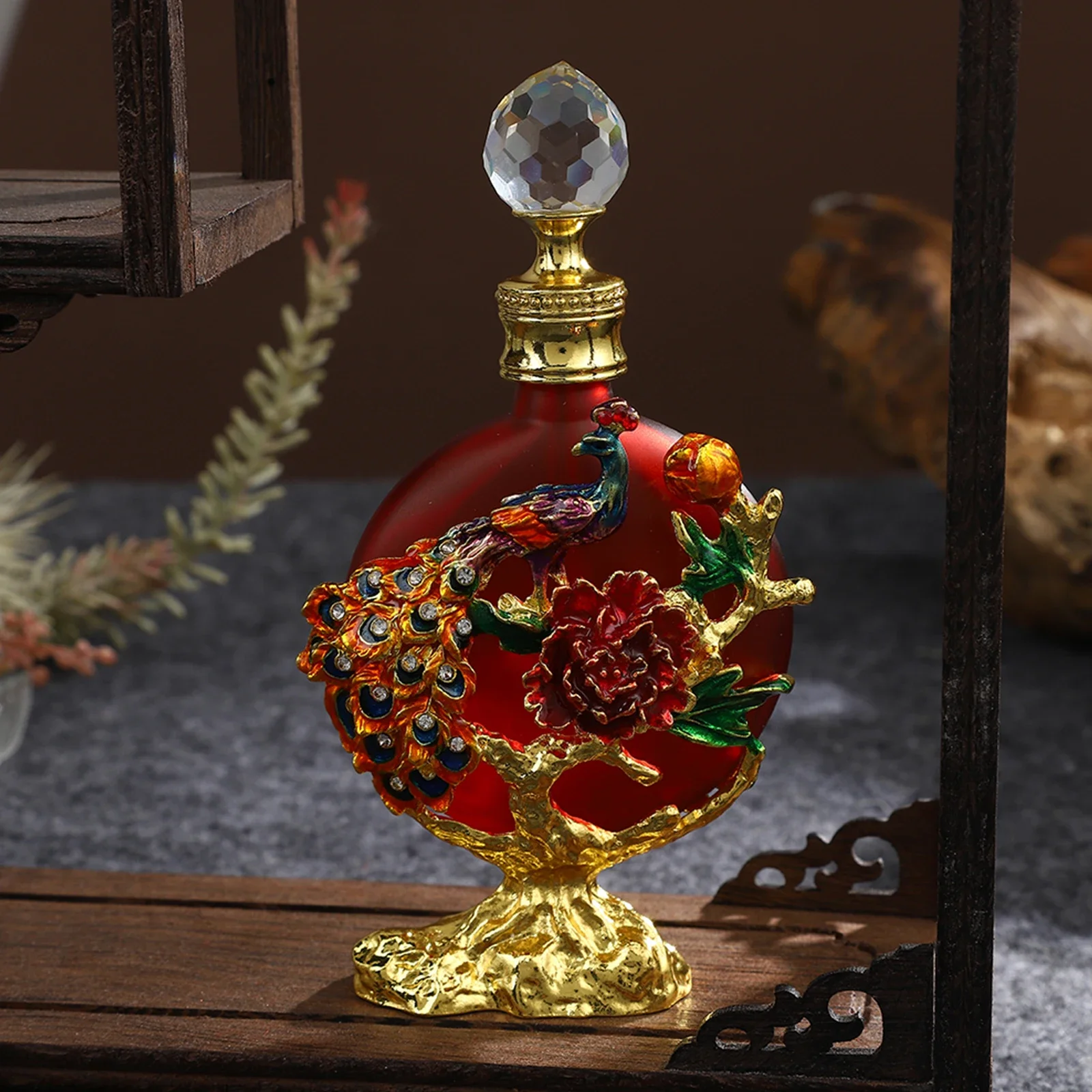 Mini Glass Bottle Decor Enamel Peacock Flower Gilt Base Crystal Lid 140mm/5.5In 30ml Empty Frosted Red Jar Perfume Essential Oil
