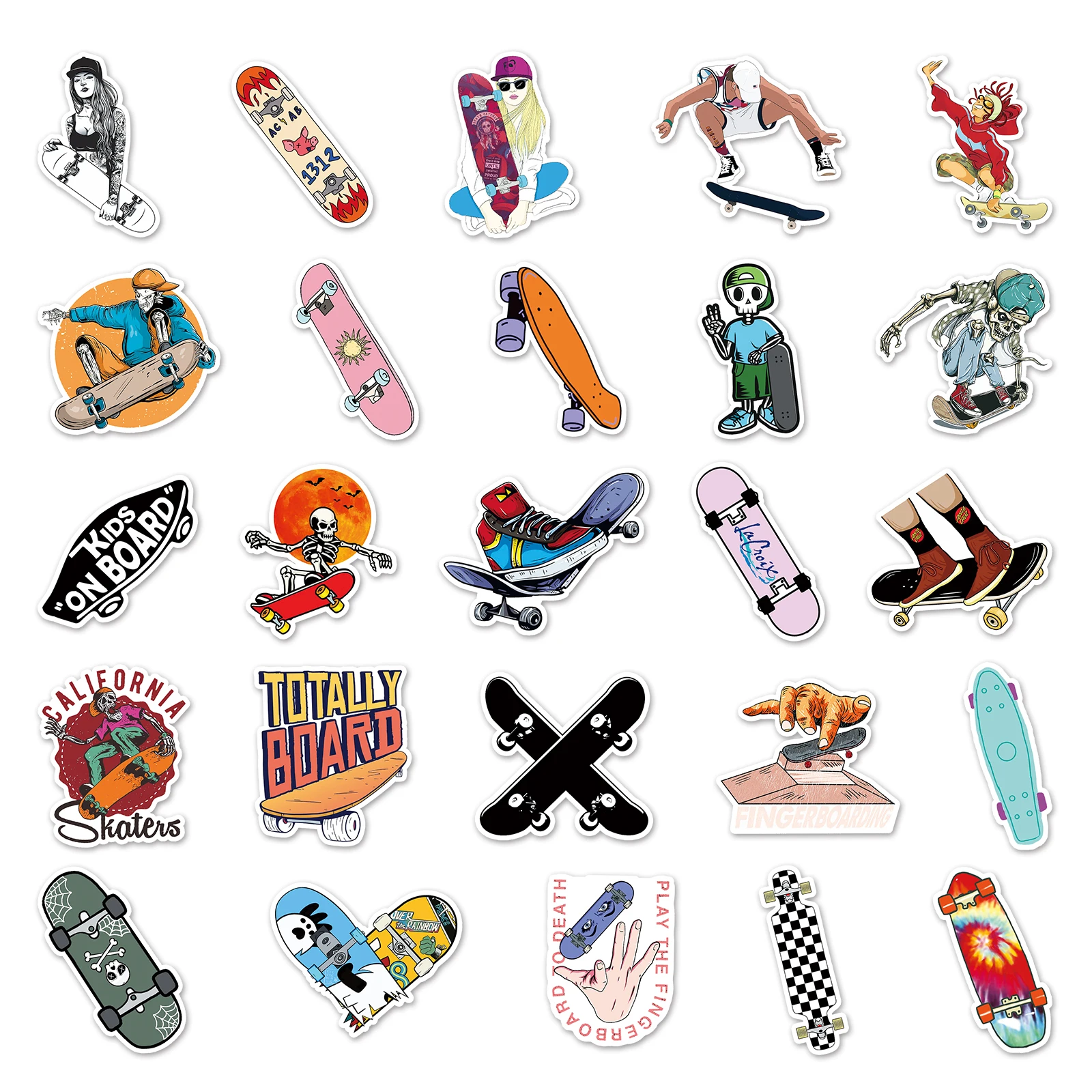 50Pcs Skateboard series Cartoon Cute Waterproof Sticker Skateboarding Snowboard Retro Vinyl Sticker
