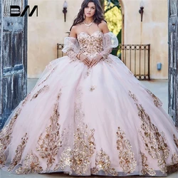 Quinceanera | Detachable Puffy Sleeve Champagne Ballgown | Gold Embroidered and Sequin Bodice Quince dress | Stage Performance