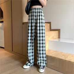 Harajuku Wide Leg Pants For Women Korean Style High Waist Plaid Wide Pants