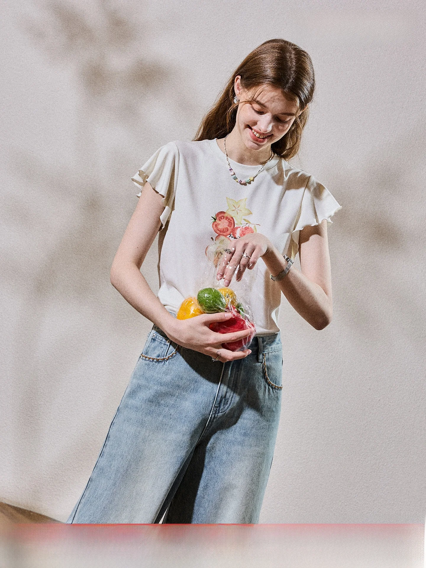 Camiseta de Algodón con Lycra y Estampado de Frutas, Elástica, Ajustada, Transpirable, con Mangas Plisadas, para Viaje, Veran...