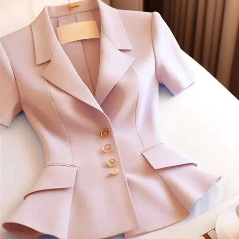 Limiguyue French High End Pink Blouses Summer Luxury Slim Shirt Women Fashion Waist Cinching Short Sleeve Tops Coat Formal 637P