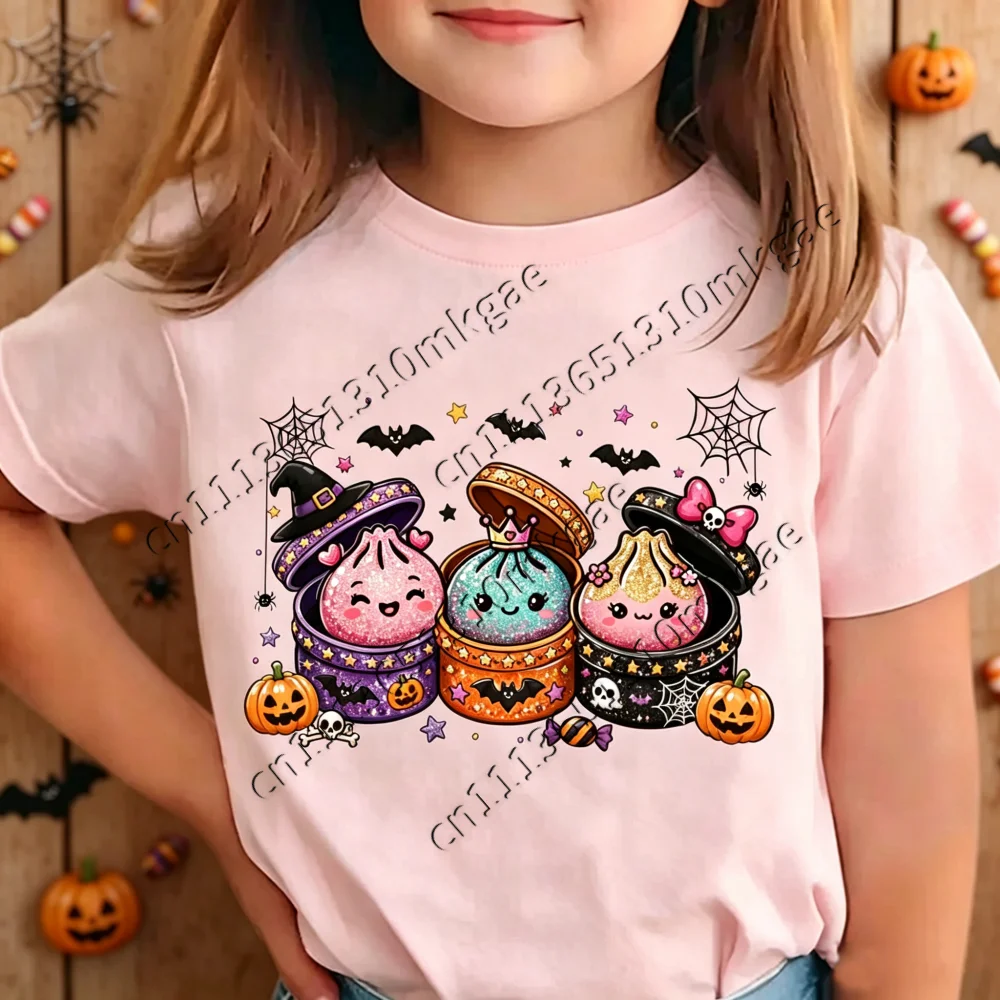 Cute Cartoon Dumpling Halloween Toddler Girls T Shirt Kawaii Pumpkin Spider Bat Graphic Short Sleeve Tees Kids Party Casual Tops