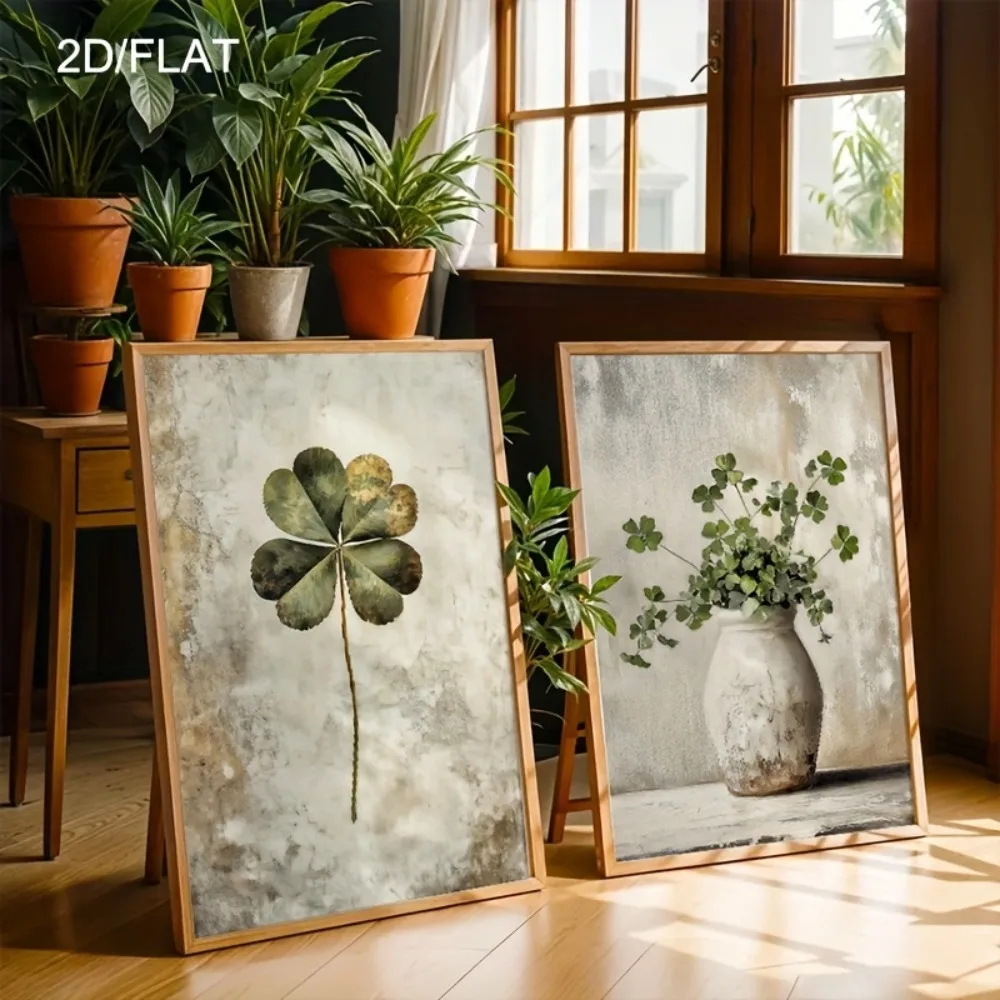 2D Plat,Retro Lucky Four-leaf Clover and Lucky Four-leaf Clover Board  Decor Painting,Still Life Plant Poster,Living Room Decor