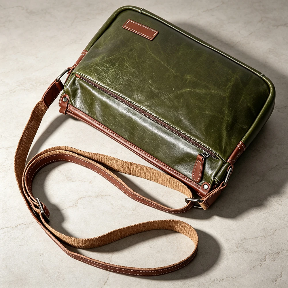 LUOKIR Unisex-Umhängetasche aus Leder, Umhängetasche aus Rindsleder mit Oberschicht, trendige Paarung mit Pendler-Briefträgertasche – Detail 4