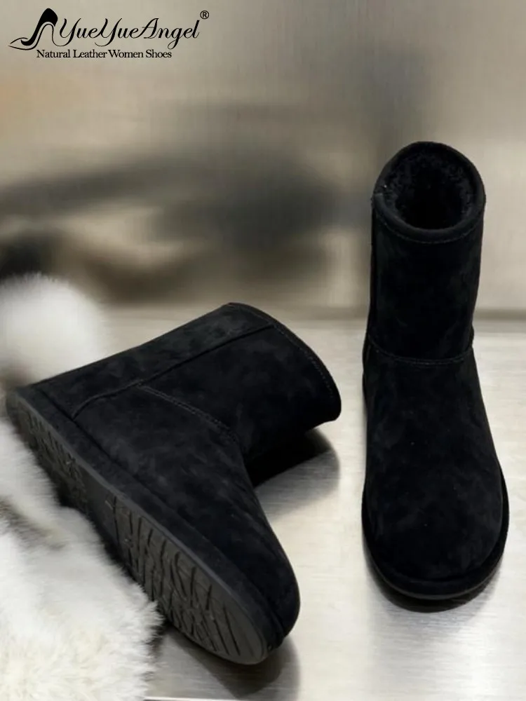 

Concise Genuine Leather Slip On Platform Ankle Boots Solid Color Cowhide Leopard Round Toe Ladies Warm Plush Lining Footwear