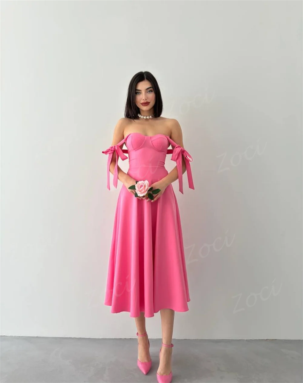 Zoci Sweetheart A Line Prom Dresses Customized Draped Satin Short Evening Party Gowns Tea Length Formal Occasion Party Dress