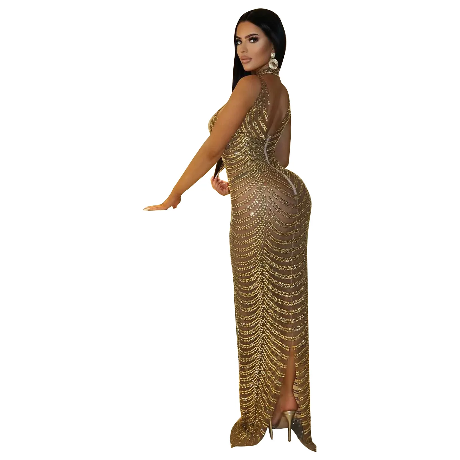 Sexy Sparkly Gold Maxi Dress Mesh See Through Evening Party Singer Stage Perform Costume Luxury Birthday Gown LL9N - view 5