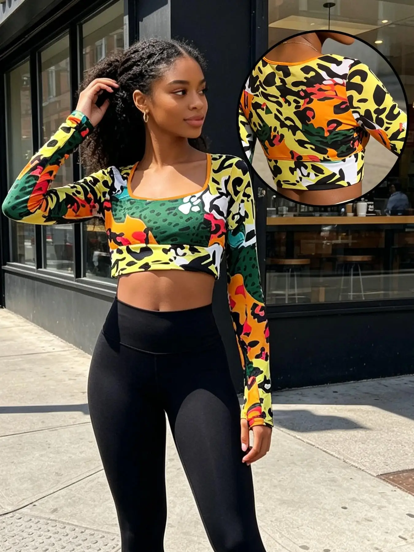 A sexy, sizzling, cropped, multi-coloured leopard-printlong-sleeved crop top with a cropped design; a women'stop with a finger-h
