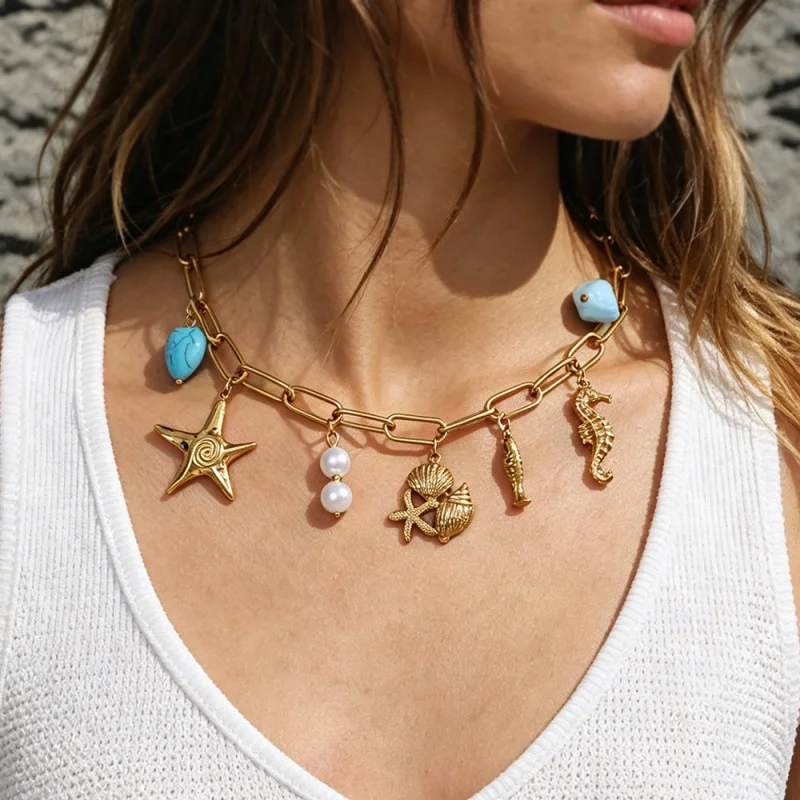 Gold Endless Chain Necklace with Multiple Ocean-Themed Pendants