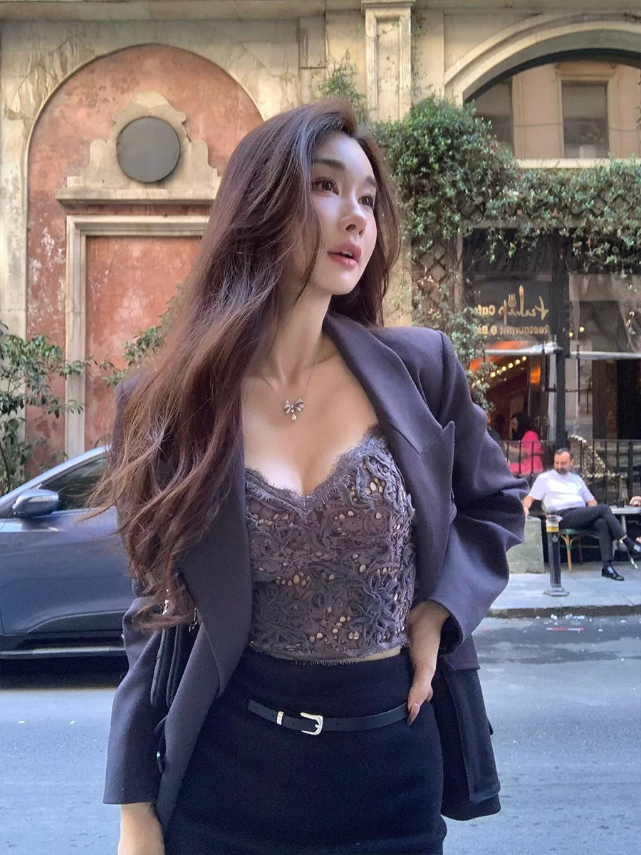 

Achi Premium Grey Woolen Suit Jacket with Double Row Buttons Medium Length Shapecut for Women Commute Daily Style Classic