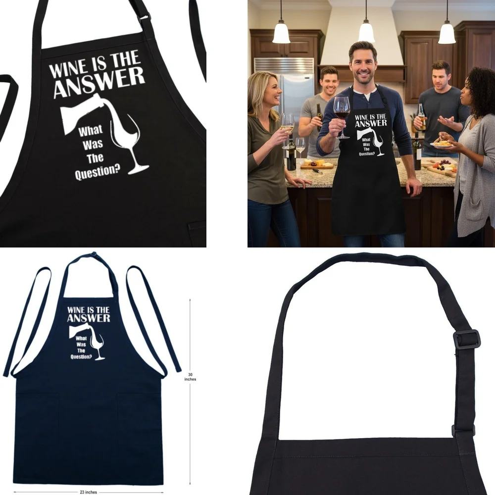 

Wine Is The Answer Apron for Men and Women Funny Kitchen Aprons Black Cooking Gift Wine Lovers Gag Gift Culinary Accessories