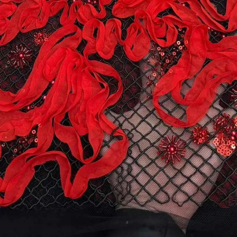 

Black African Lace Fabric Hollow Mesh Ribbon Embroidery Sequins Beads High Quality Nigerian Lace Fabric For Evening Party Dress