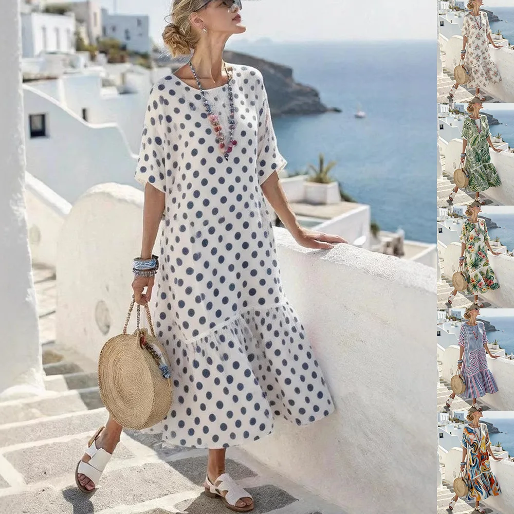 

2026 Women's Summer New Fashion Casual Comfortable Elegant Round Neck Splicing Printed Half-Sleeve Dress Long Skirt for Women