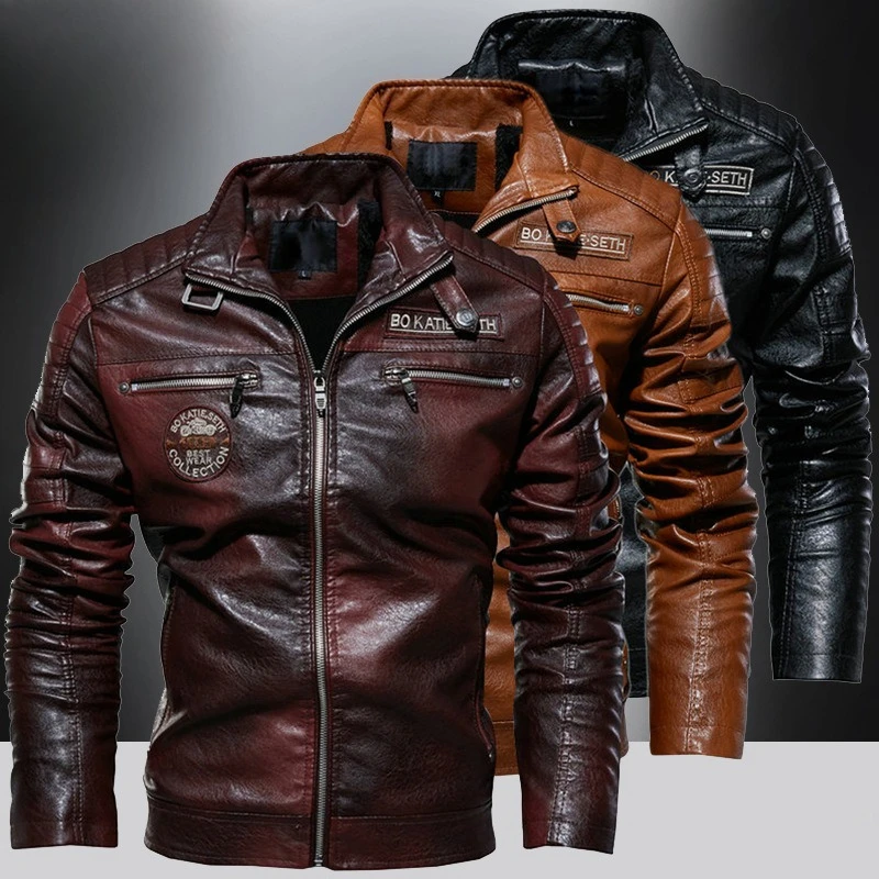 Big Size Men Vintage Faux PU Leather Biker Jacket Embroidered Badge Multi Zipper Pocket Fleece Lined Motorcycle Coat 3 Colors