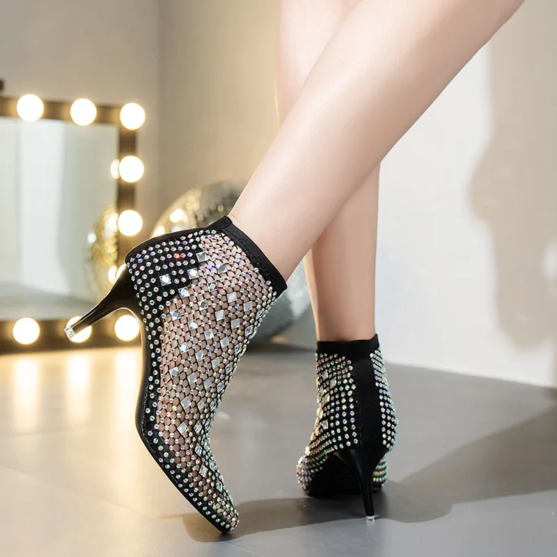 Women Hollow Out Full Sandals Rhinestone Mesh Summer Ankle Boots Pointed Toe Fashion Sexy Socks Cool Shoes Luxury Party Pumps