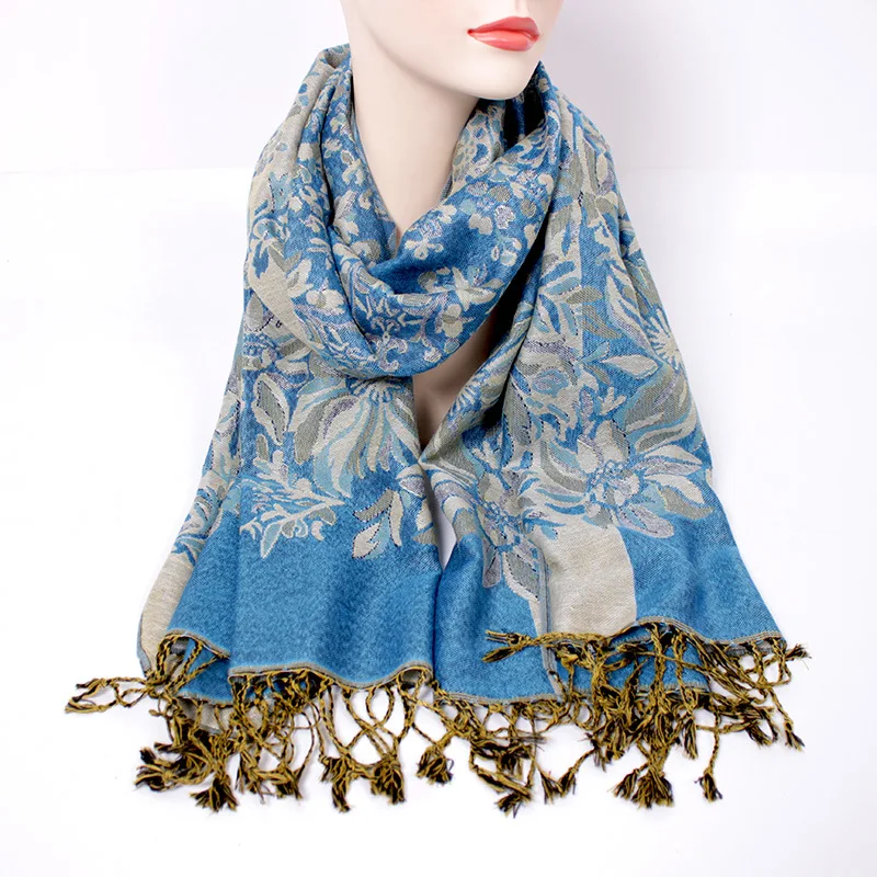 Pashmina Silk Scarfs Shawl Wrap Paisley Jacquard Flowers Borders Rave 2 Layers Reversible Rave Tassels For Women