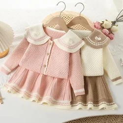 Girls' Knitted Two-piece Set Bowknot Golilla Cardigan+Knit Pleated Skirt  Knitted Sweater  Girl Cardigan  Kids Clothes Girls