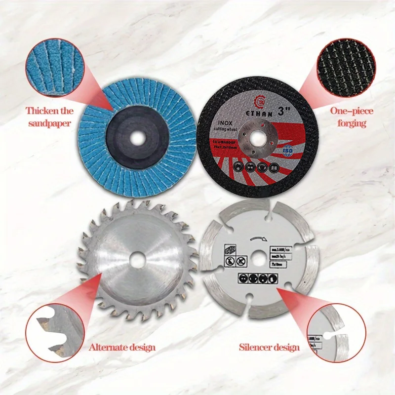 

Mini angle grinder with small 75mm (3-inch) cutting discs, metal grinding wheels and polishing pads, 10mm inner bore