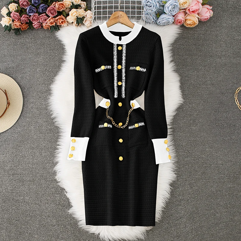 sweet Basic Slim CHAIN  lool sleeve o neck Dress  Vintage Korean Fashion Knit Vestido Women summer dresses