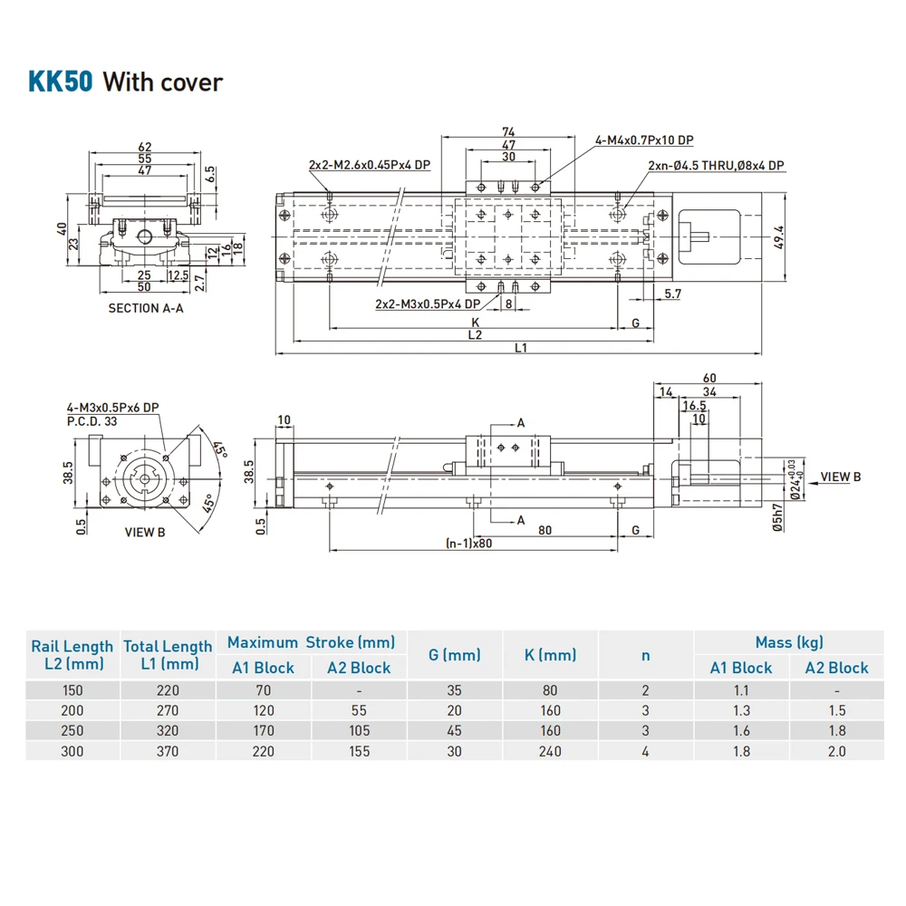 KK50 Sliding Table Linear Stage Width 50mm Steel Base Module Linear Axis High Stiffness High Precision 2mm Ballscresw Lead