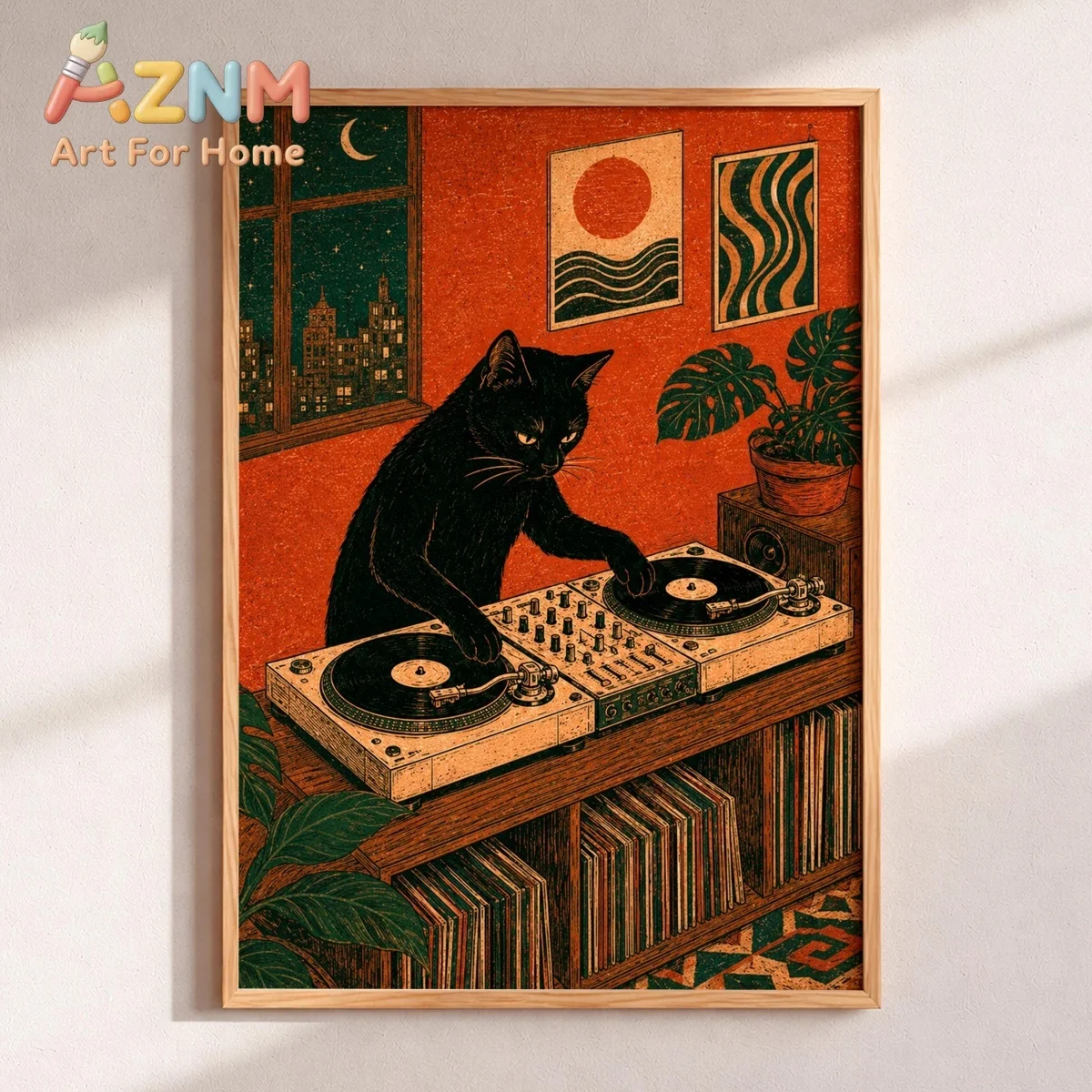 Vintage Black Cat DJ Canvas Print Poster Mid Century Retro Turntable Music Art Prints Living Room Bedroom Wall Art Home Decor