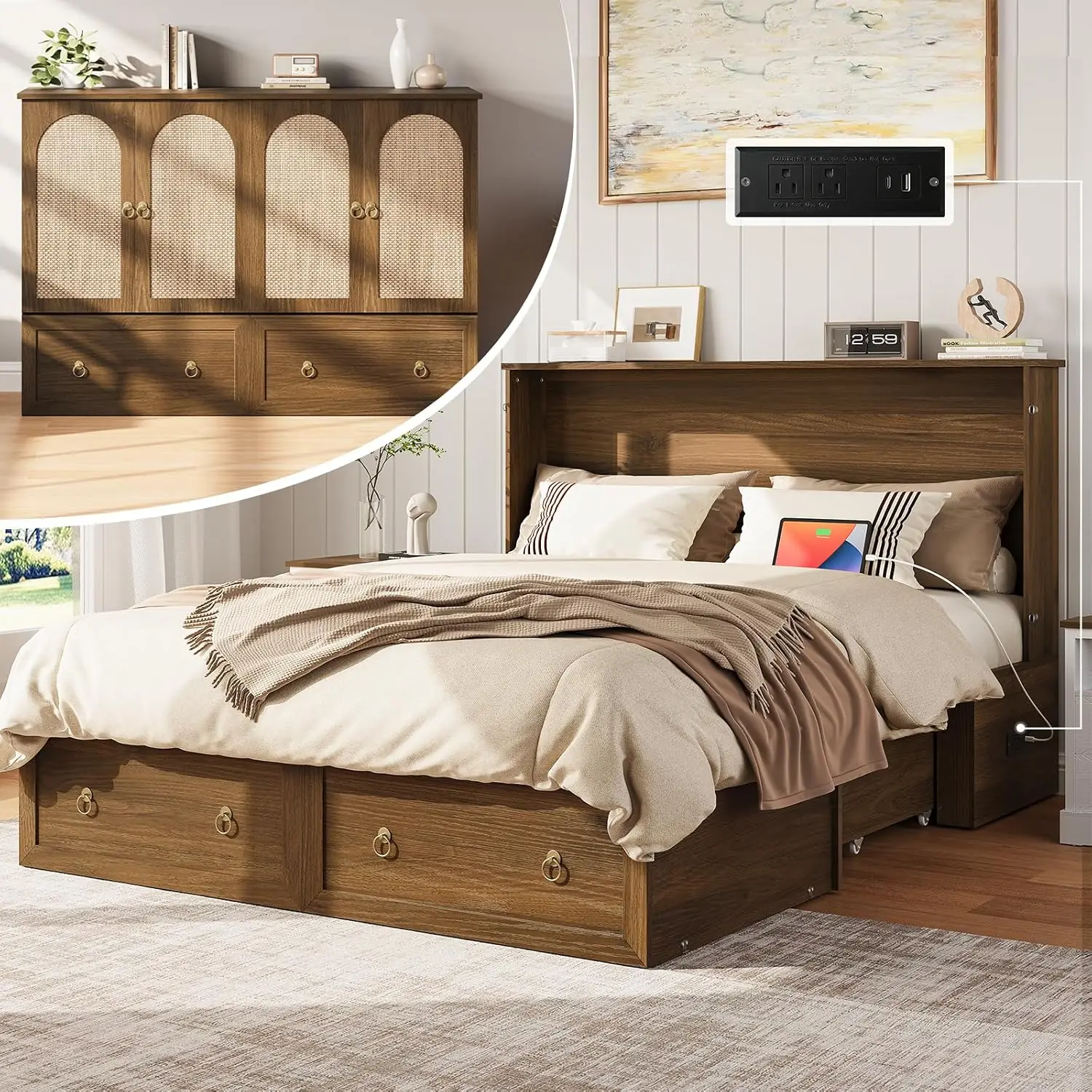 Bed With Charging Station & Storage Drawer, Wood Finish, Customized