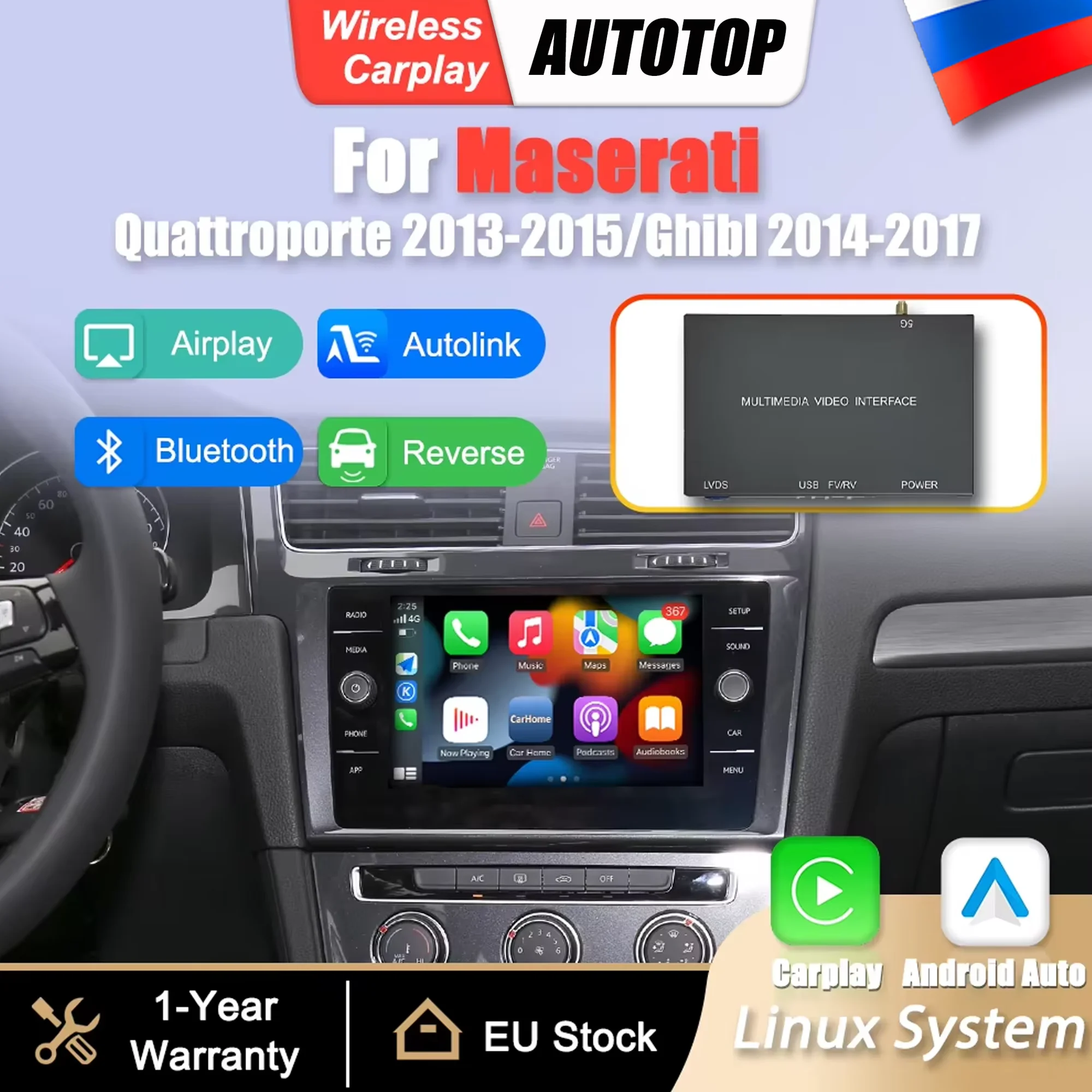 Pour Maserati Quattroporte Ghibli 2013 2014 2015 2016 2017 Boîtier adaptateur d'interface sans fil CarPlay Android Auto Mirror Link Airplay BT Module de navigation GPS