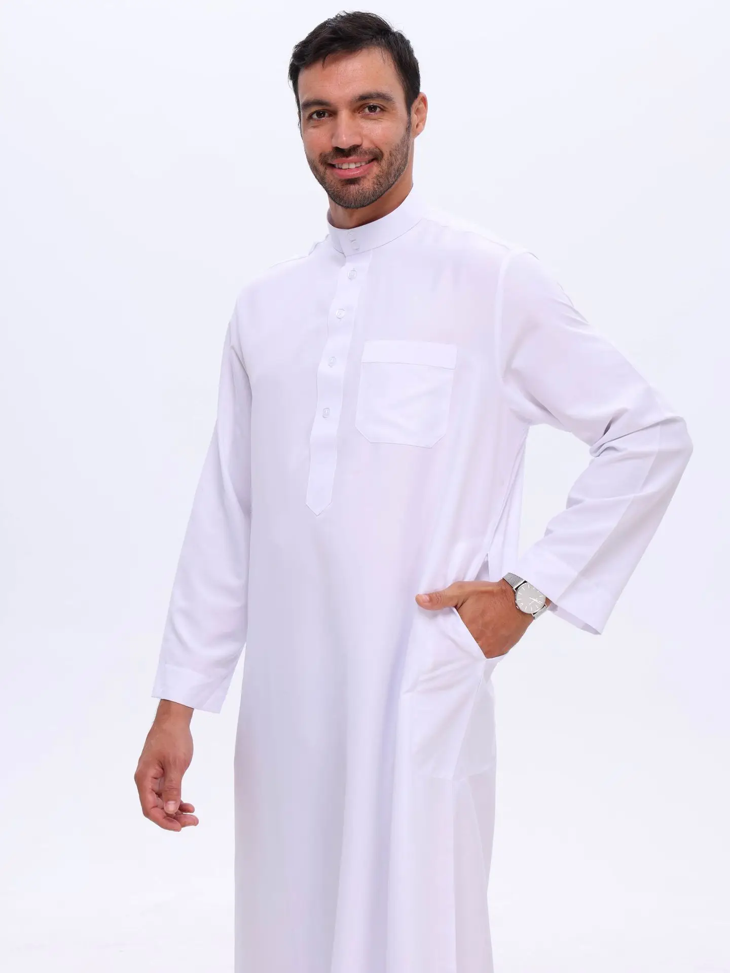 Abbigliamento islamico Uomo Lunghezza Manica lunga Allentato Uomo musulmano Arabia Saudita Pakistan Kurta Costumi musulmani Abito musulmano Caftano Thobe