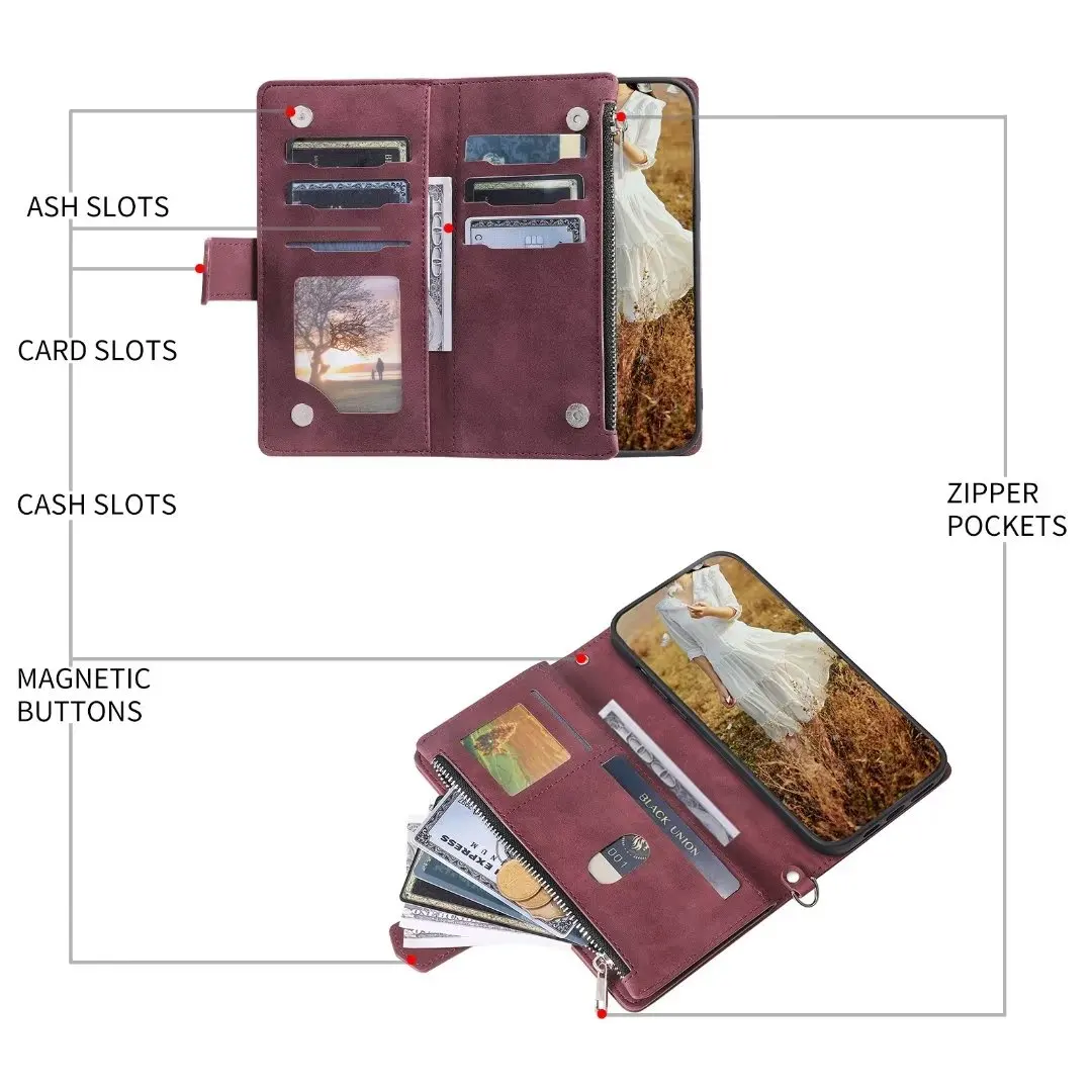 Fashion Zipper Wallet Case For Redmi Note 9 Pro Flip Cover Multi Card Slots Cover Phone Case Card Slot Folio with Wrist Strap