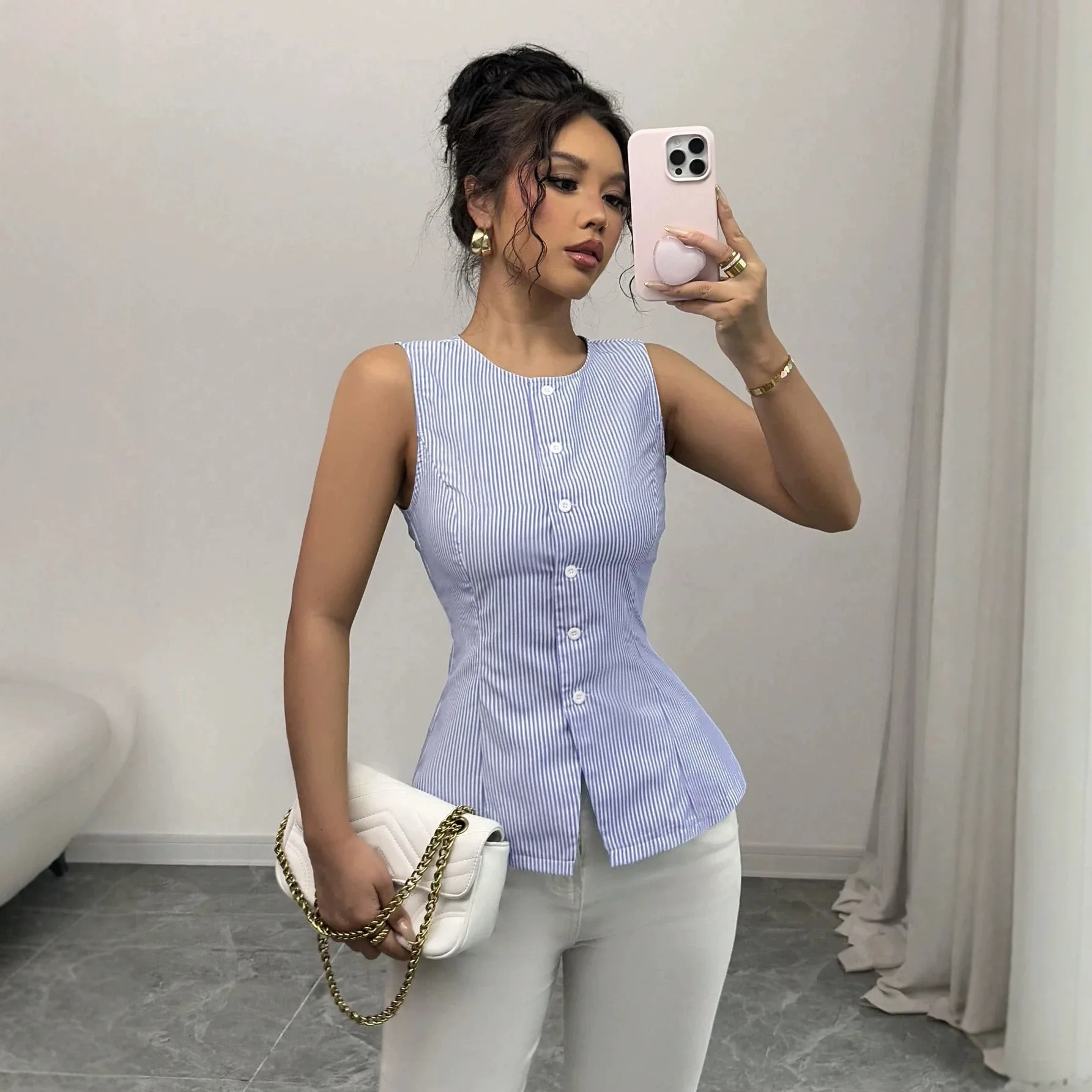 

Elegant Striped Fashion Shirt Women's Buttoned Waist Cinching Sleeveless round Neck Polyester Fiber Spring Summer Top