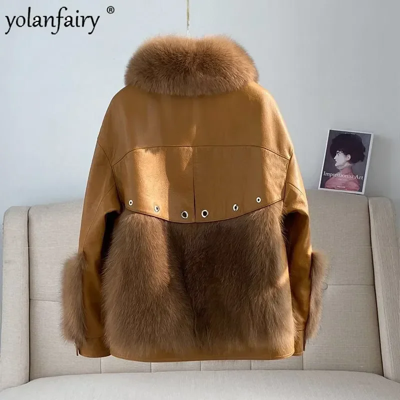 YOLANFAIRY Winter Short Genuine Leather and Fur Coat Women Natural Sheepskin Jacket Women's Fox Fur Loose Fashion Fur Clothing
