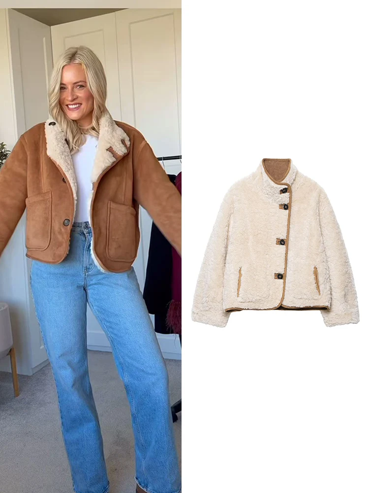 

Women's Reversible Jacket Coat 2025Newest Fashion Lambswool Short Jacket Casual Ladies Thick Warm Solid Outerwears vestes femmes