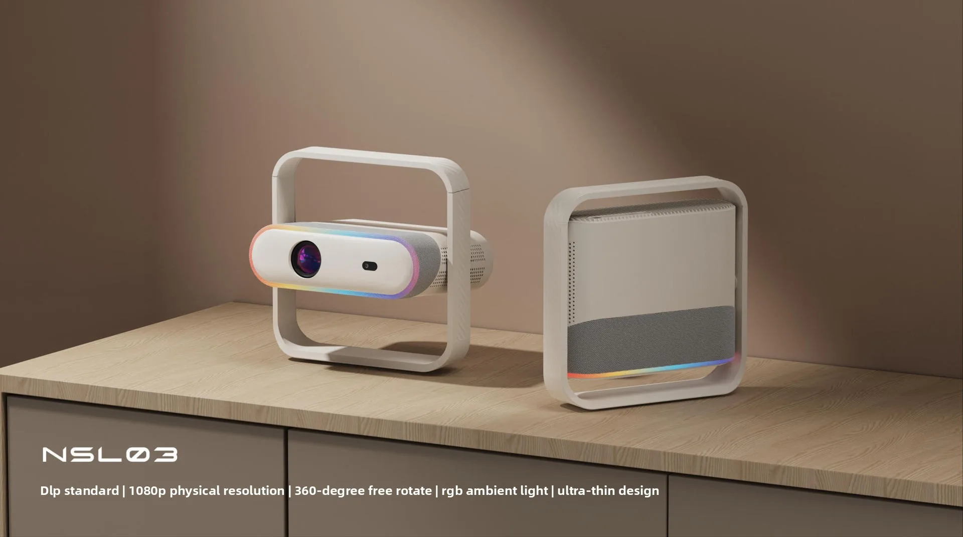 LGOODVIN NSL03 HD Portable Projector, Multi‑Angle Gimbal Stand, Built‑in Ambient Light, for Bedroom & Home Use