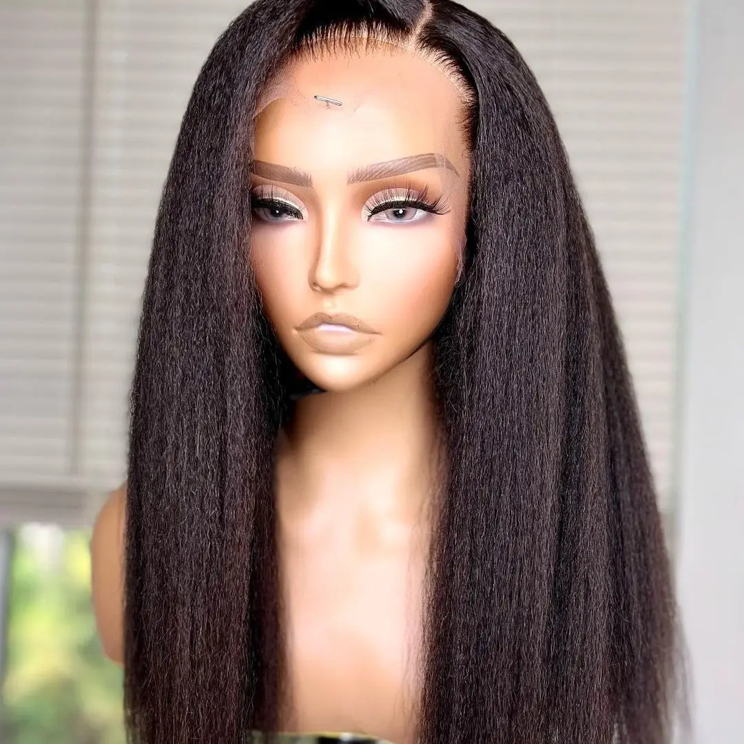 

Soft Kinky Straight Natural Long Black Yaki 24Inch Natural Lace Front Wig Black Women With BabyHair Preplucked Deep Part