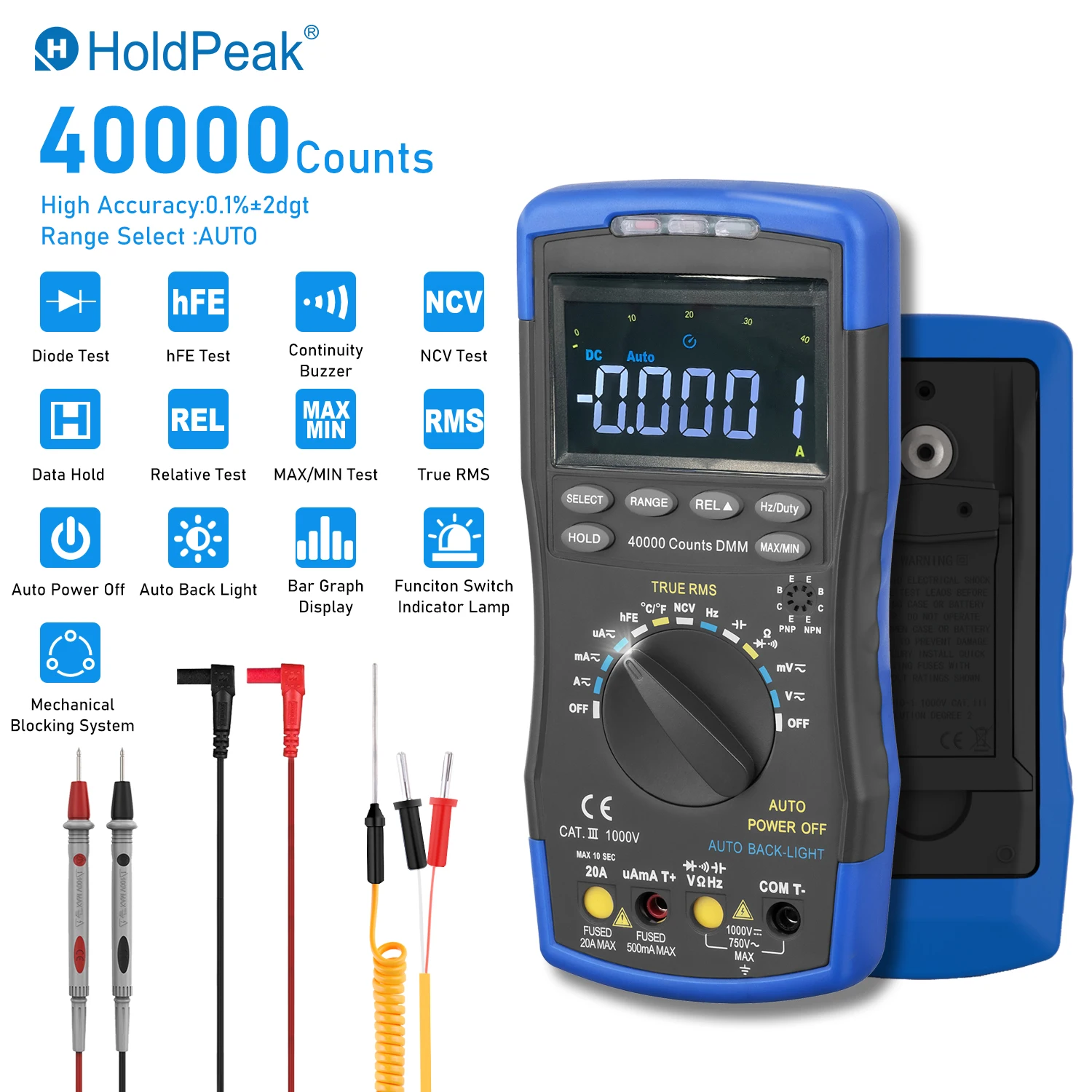 HoldPeak 770D Digital Multimeter High-Accuracy Auto Range True RMS 40000 Counts NCV AC DC Voltage Current Ohm Tester