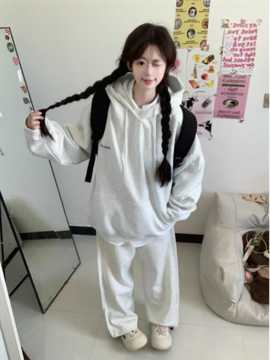 مجموعة سويت شيرت بقلنسوة جديدة للربيع والخريف للنساء - بلوزة فضفاضة بأكمام طويلة على الطراز الكوري وسراويل طويلة طقم مكون من قطعتين