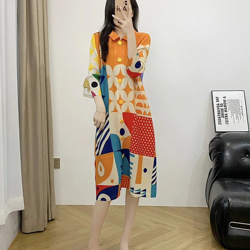 

Pleated Printed Dress, Contrasting Color, Long Sleeved Loose Fitting Women's 2024 Summer Casual Party Dress, New Fashion