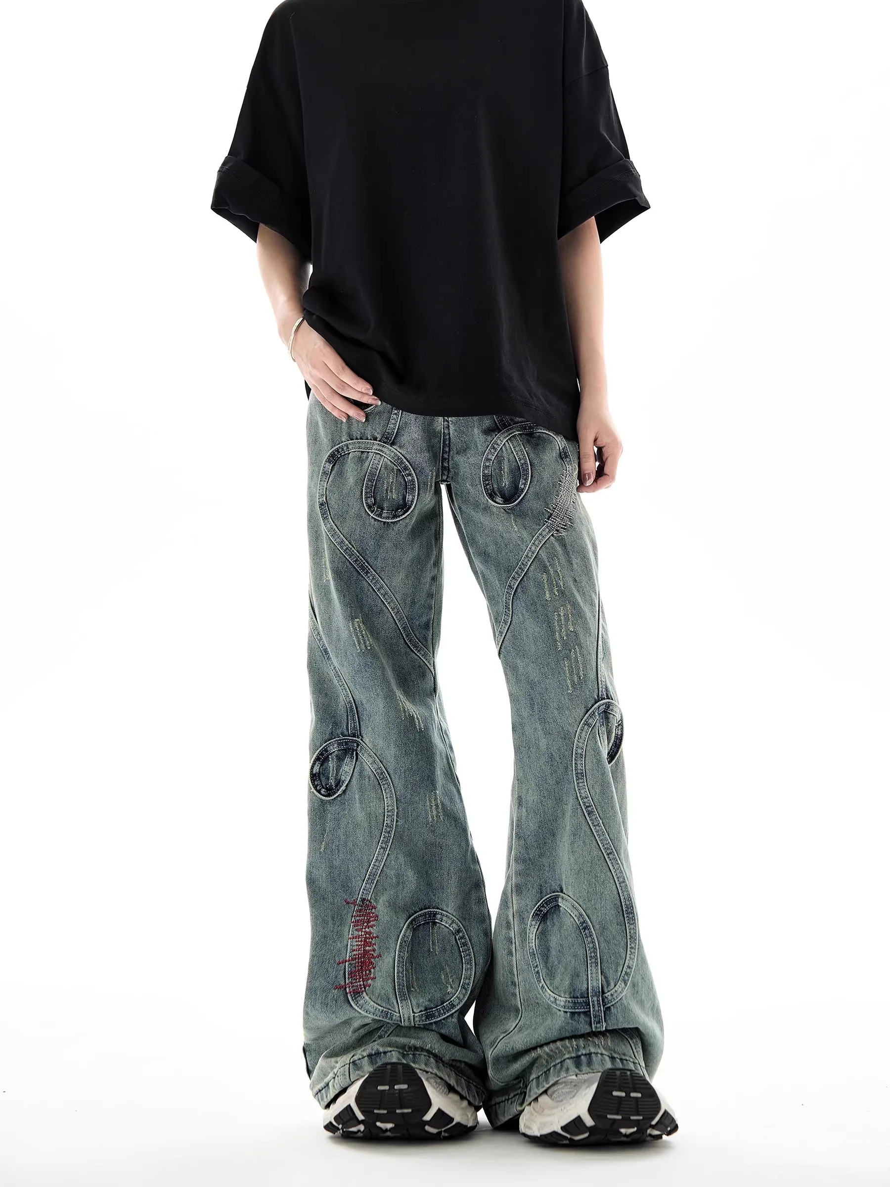 

Retro American High Street Embroidered Patchwork Vintage Flared Denim Jeans High Waist Wide Leg Long Trousers for Men And Women