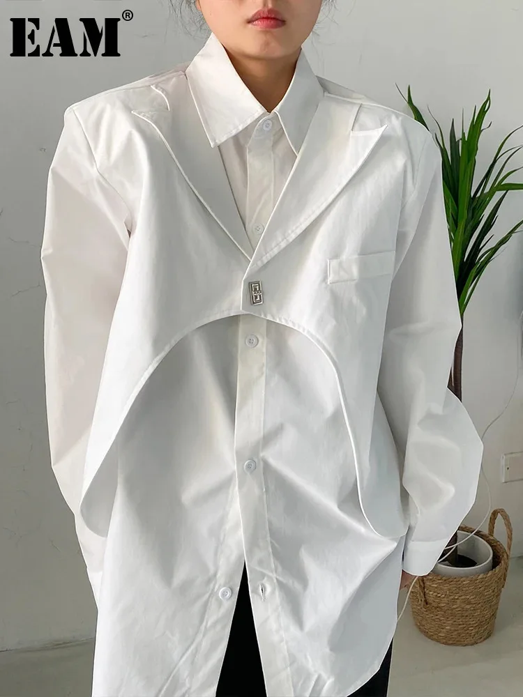 [EAM] Women White Irregular Big Size Blouse New Lapel Long Sleeve Loose Fit Shirt Fashion Tide Spring Autumn 2024 1DF0349